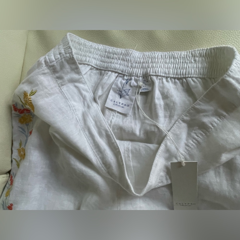 Calypso St.Barth Eyelet Flower Embroidery White Linen Pant PullOn Straight M NWT - Picture 6 of 9